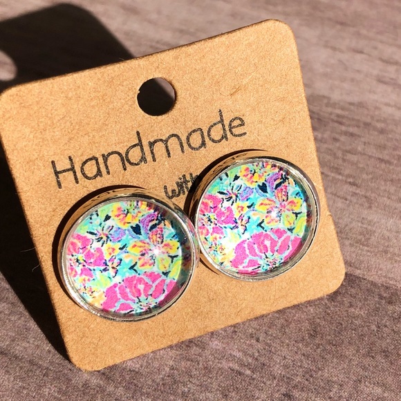 Cabana Bright Pink Floral Silver Stud Earrings - Picture 5 of 14
